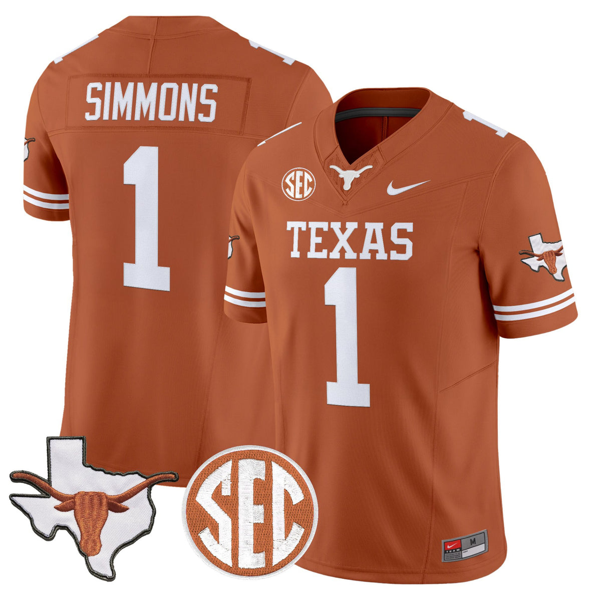 #1 Colin Simmons Texas Longhorns 2026 SEC Patch Stitched Texas Orange Jersey