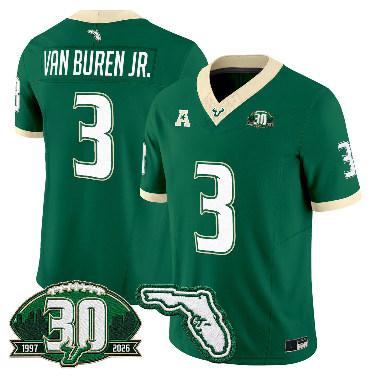 #3 Van Buren Jr. South Florida Bulls Green Stitched Jersey 30th Anniversary Patch