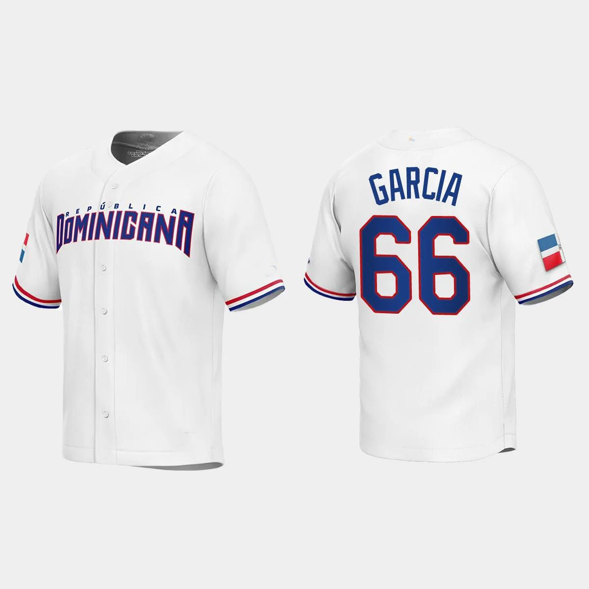 #66 JARLIN GARCIA DOMINICAN REPUBLIC BASEBALL 2023 WORLD BASEBALL CLASSIC REPLICA JERSEY C WHITE Stitches Baseball Jerseys