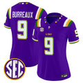 Women's #9 LSU Tigers Burreaux Purple Mardi Gras Edition Stitched College Football Jersey SEC Patch