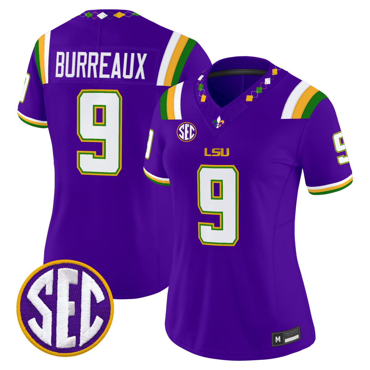 Women's #9 LSU Tigers Burreaux Purple Mardi Gras Edition Stitched College Football Jersey SEC Patch