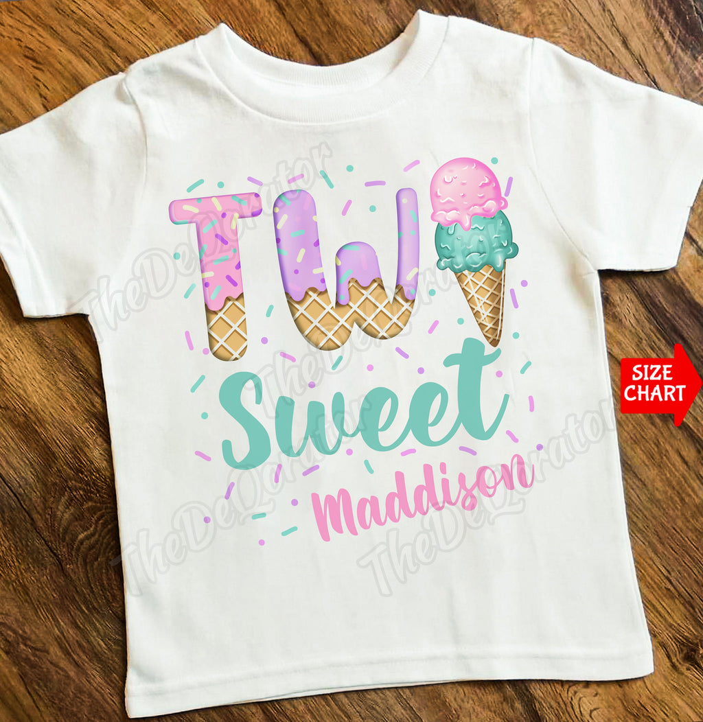 Personalized Two Sweet Ice Cream T-shirt, Cute Sweet 2nd Birthday Party, Sprinkles Second Birthday Girl Kids Toddler Youth and Adult