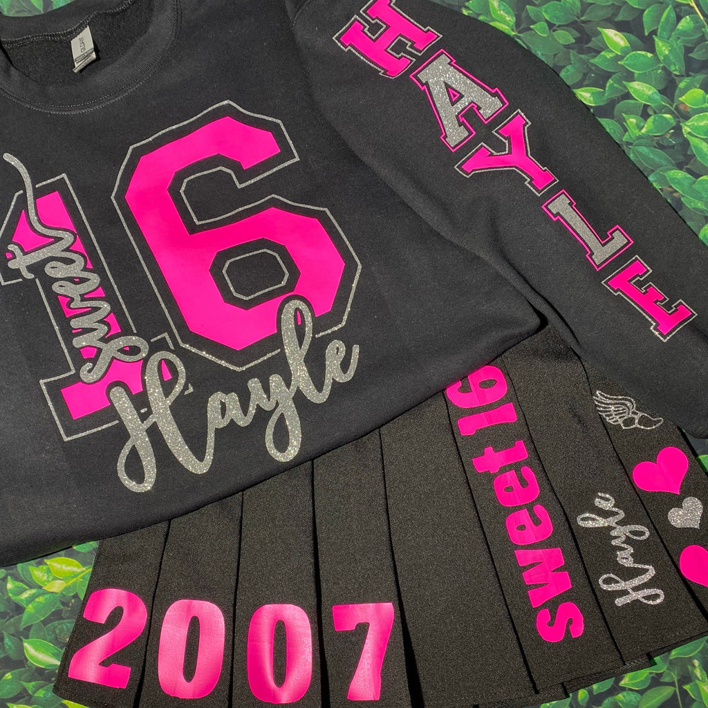 Personalized Glitter Birthday, Sweet 16 - Short Sleeve T-shirt, Long sleeve T-shirt, Sweatshirt or Hoodie - Skirt also available