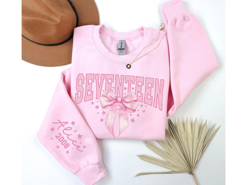 17th Birthday Custom Gift, Coquette Bow Seventeenth Birthday for Girls Hoodie Y2K, Personalized 17th Birthday Party,Teenage Birthday Sweater