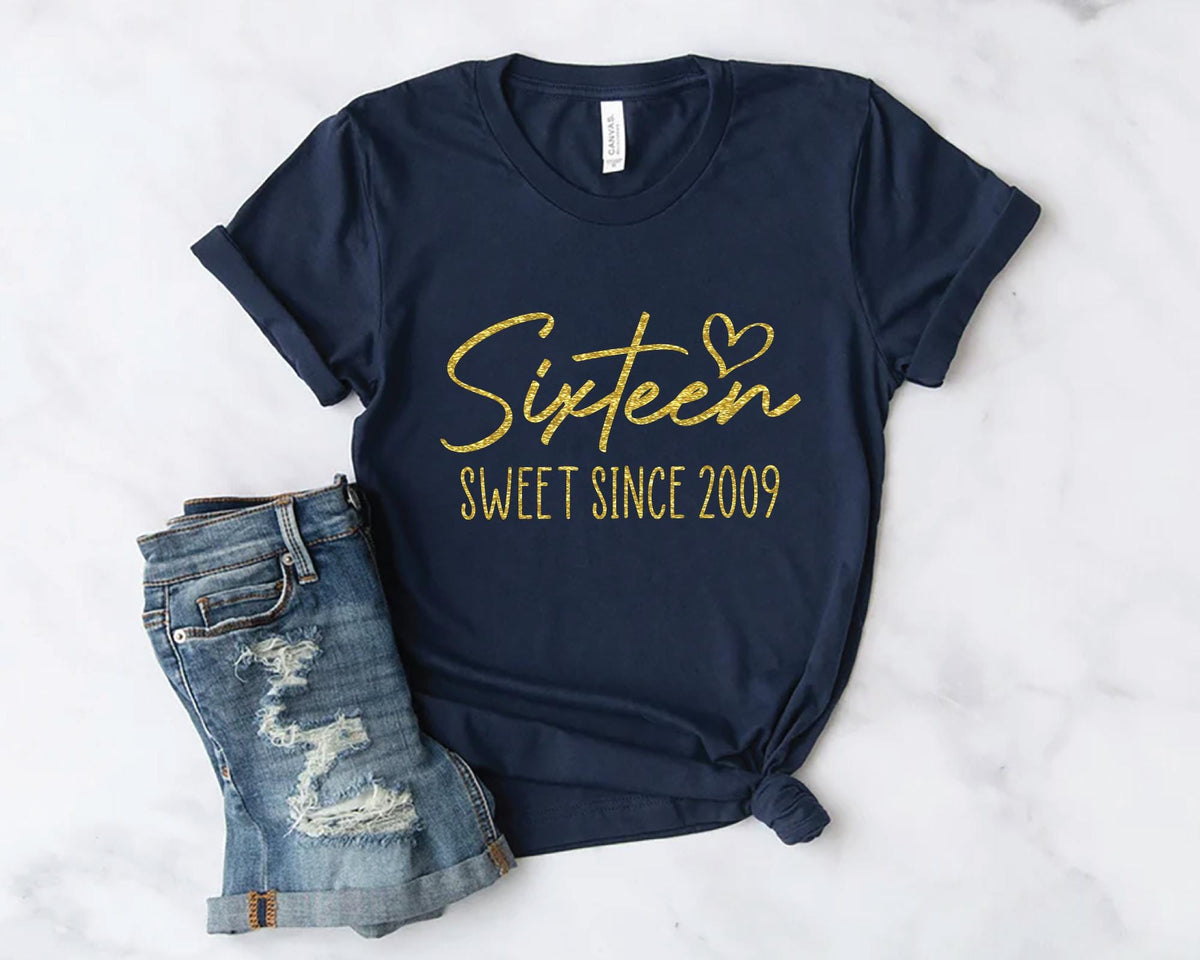 Custom 16th Birthday Glitter Shirt, Sweet Since 2009 Shirt, Personalized 16th Party Shirt For Daughter Niece Sister, Gift For Birthday