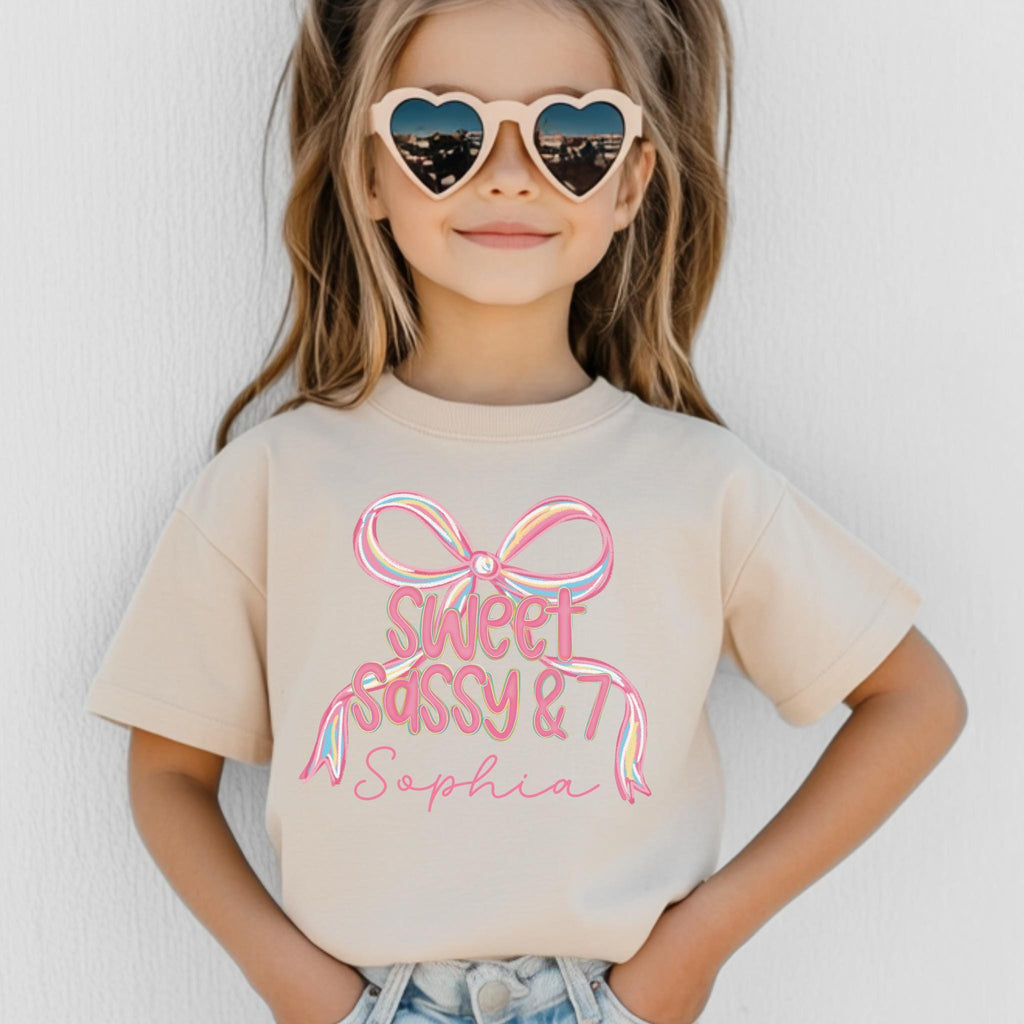 Sweet Sassy And 7 Birthday Shirt, Coquette Bow Personalized Name 7th Birthday T-Shirt, Gift for 7 Year Old, Seventh Birthday Party Tee