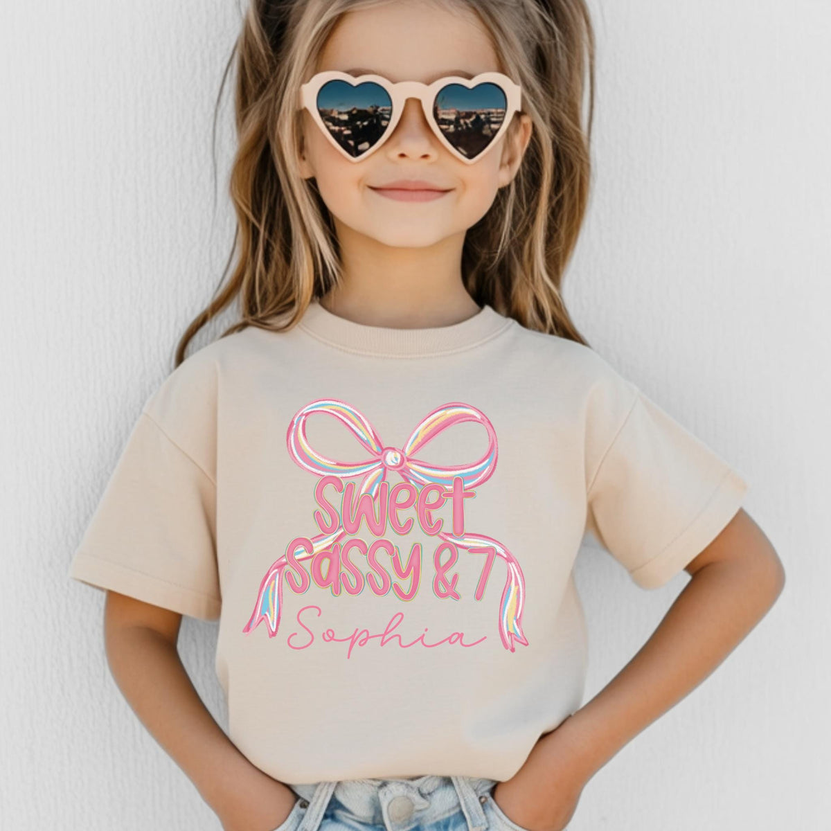 Sweet Sassy And 7 Birthday Shirt, Coquette Bow Personalized Name 7th Birthday T-Shirt, Gift for 7 Year Old, Seventh Birthday Party Tee