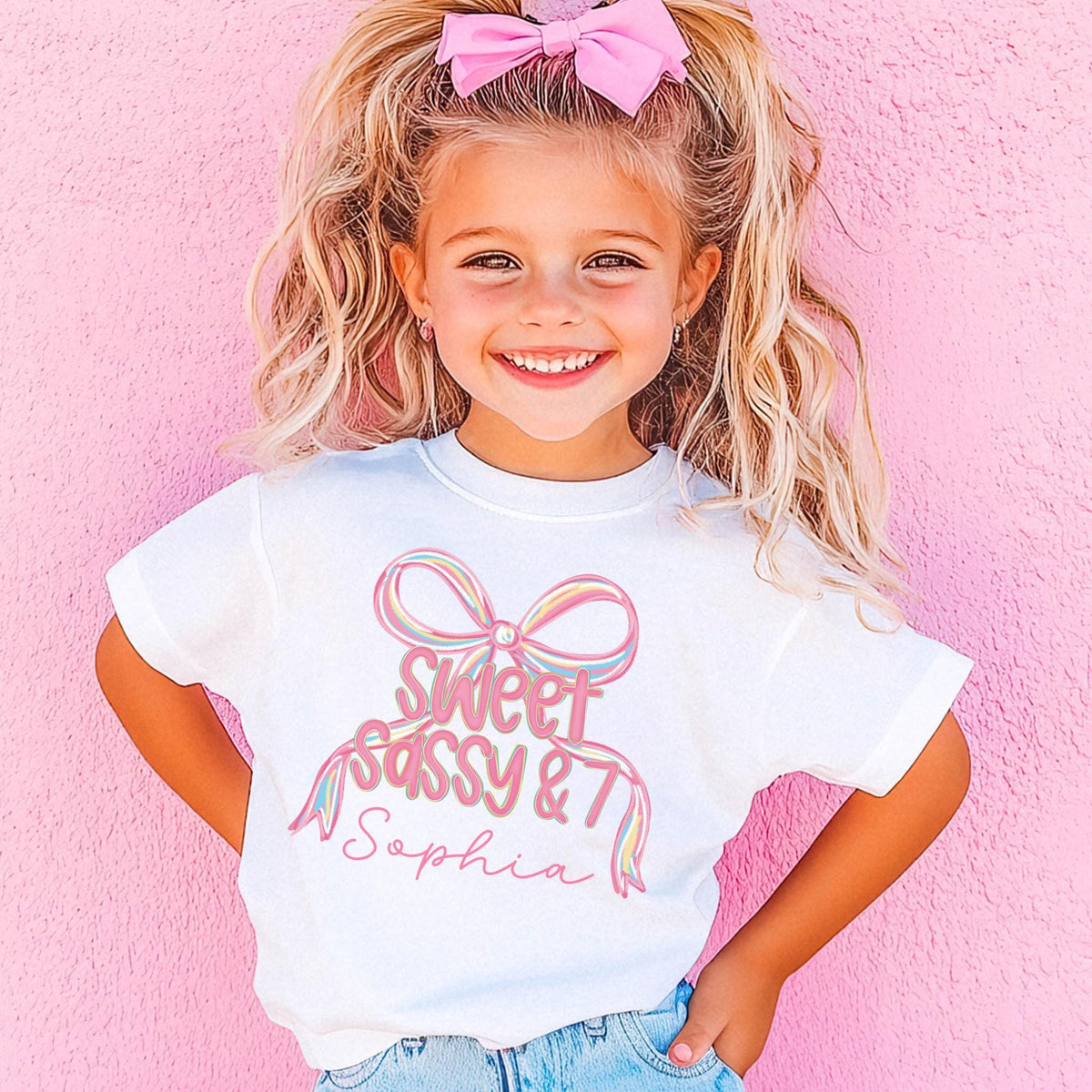 Sweet Sassy And 7 Birthday Shirt, Coquette Bow Personalized Name 7th Birthday T-Shirt, Gift for 7 Year Old, Seventh Birthday Party Tee