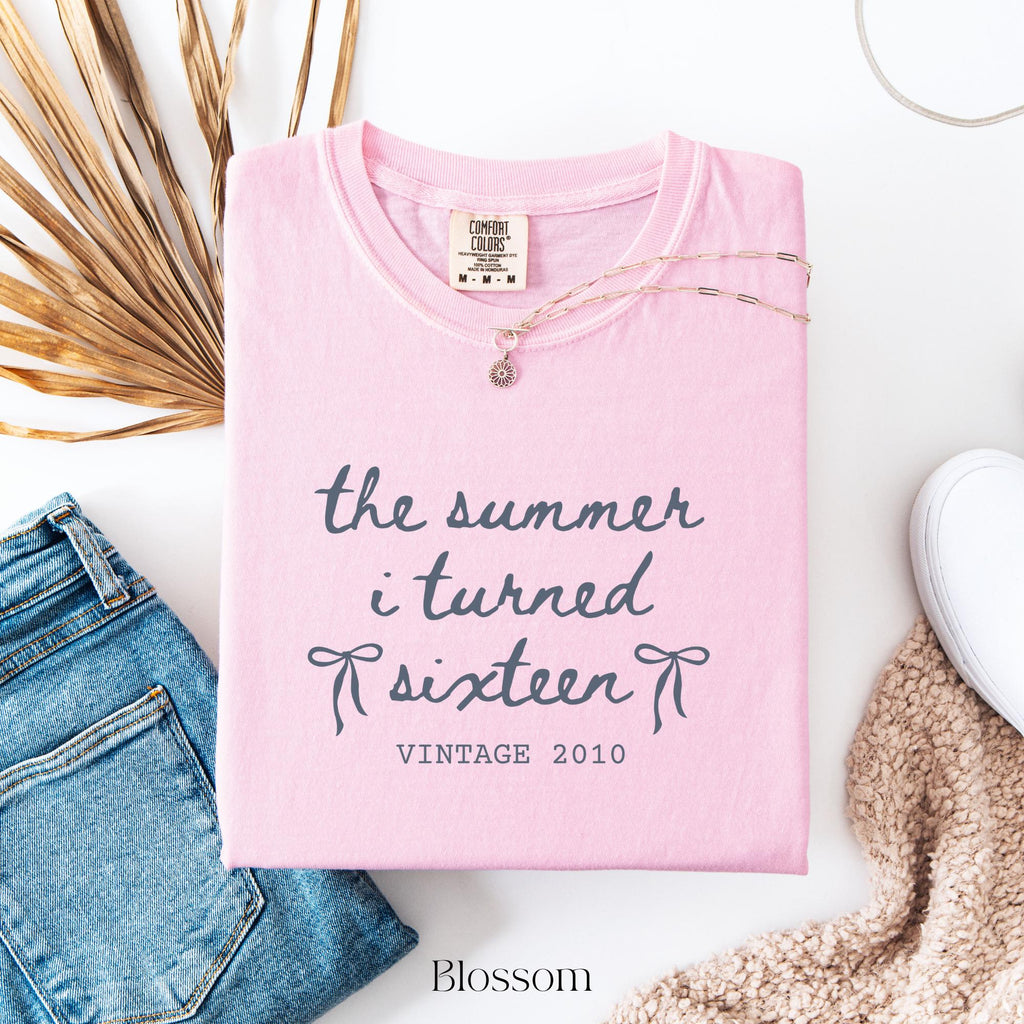 Custom 16th Birthday Shirt Girl, Comfort Colors Summer I Turned 16 Bday Party Tee, Sweet 16 Birthday Gifts for Daughter, Birthday Bow Shirt