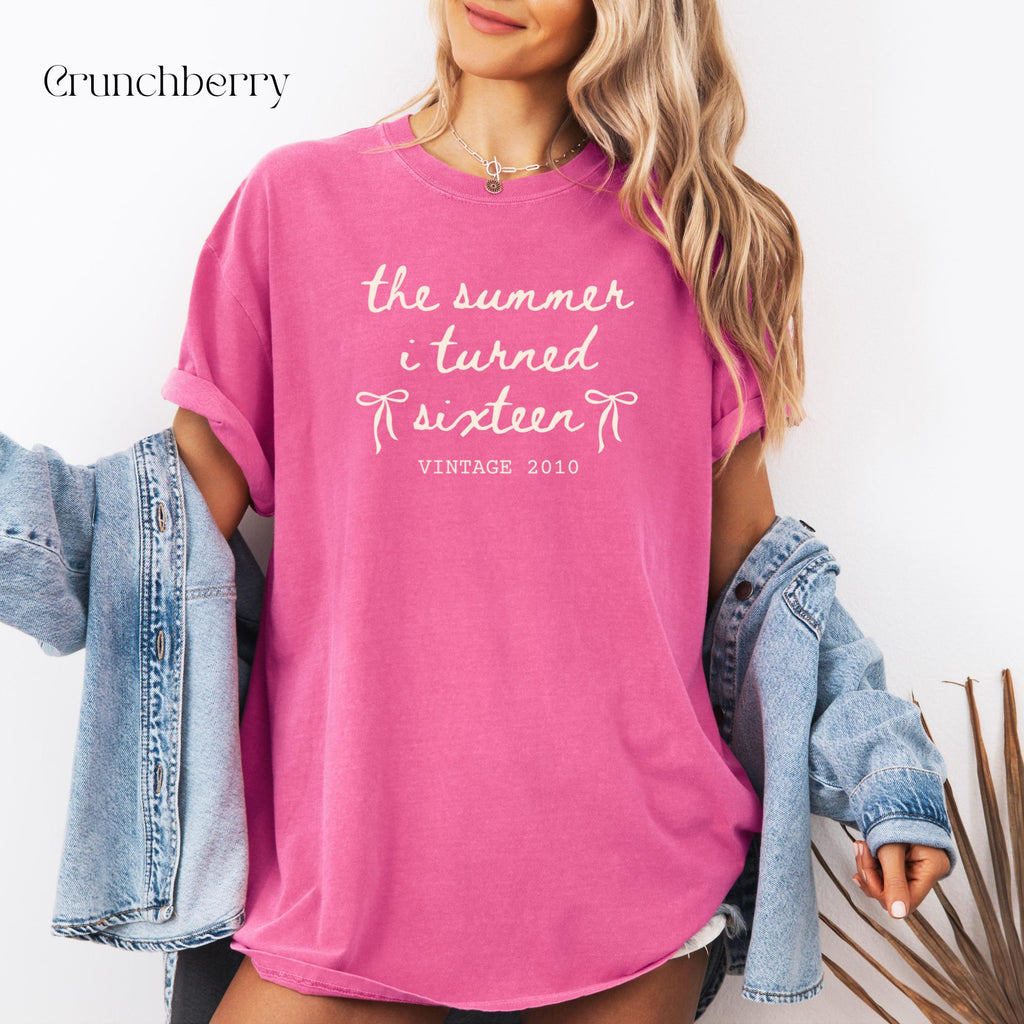 Custom 16th Birthday Shirt Girl, Comfort Colors Summer I Turned 16 Bday Party Tee, Sweet 16 Birthday Gifts for Daughter, Birthday Bow Shirt