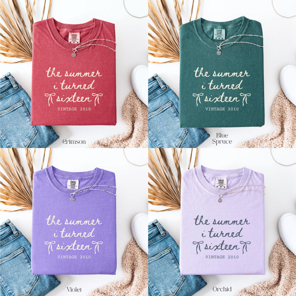 Custom 16th Birthday Shirt Girl, Comfort Colors Summer I Turned 16 Bday Party Tee, Sweet 16 Birthday Gifts for Daughter, Birthday Bow Shirt