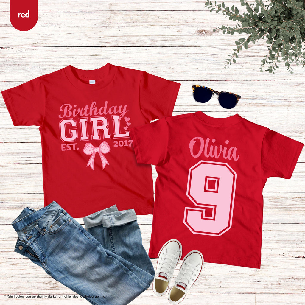 Custom Birthday Girl Shirt, Pink Coquette Bow Birthday Shirt, Front and Back Shirt, Personalized Kids Birthday Tee, Cute Youth Birthday Gift