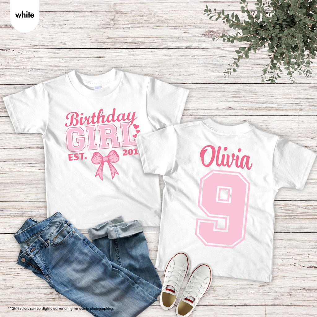Custom Birthday Girl Shirt, Pink Coquette Bow Birthday Shirt, Front and Back Shirt, Personalized Kids Birthday Tee, Cute Youth Birthday Gift