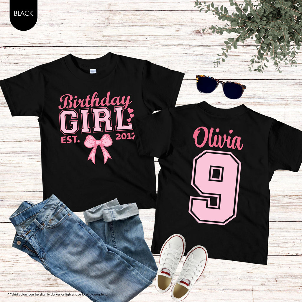 Custom Birthday Girl Shirt, Pink Coquette Bow Birthday Shirt, Front and Back Shirt, Personalized Kids Birthday Tee, Cute Youth Birthday Gift