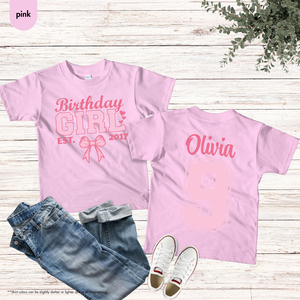 Custom Birthday Girl Shirt, Pink Coquette Bow Birthday Shirt, Front and Back Shirt, Personalized Kids Birthday Tee, Cute Youth Birthday Gift