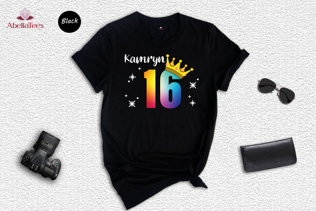 Custom Name Sweet 16 Shirt, Rainbow Crown 16th Birthday Tee, Personalized Girls Birthday Party Shirt, Sparkle Sixteen Gift