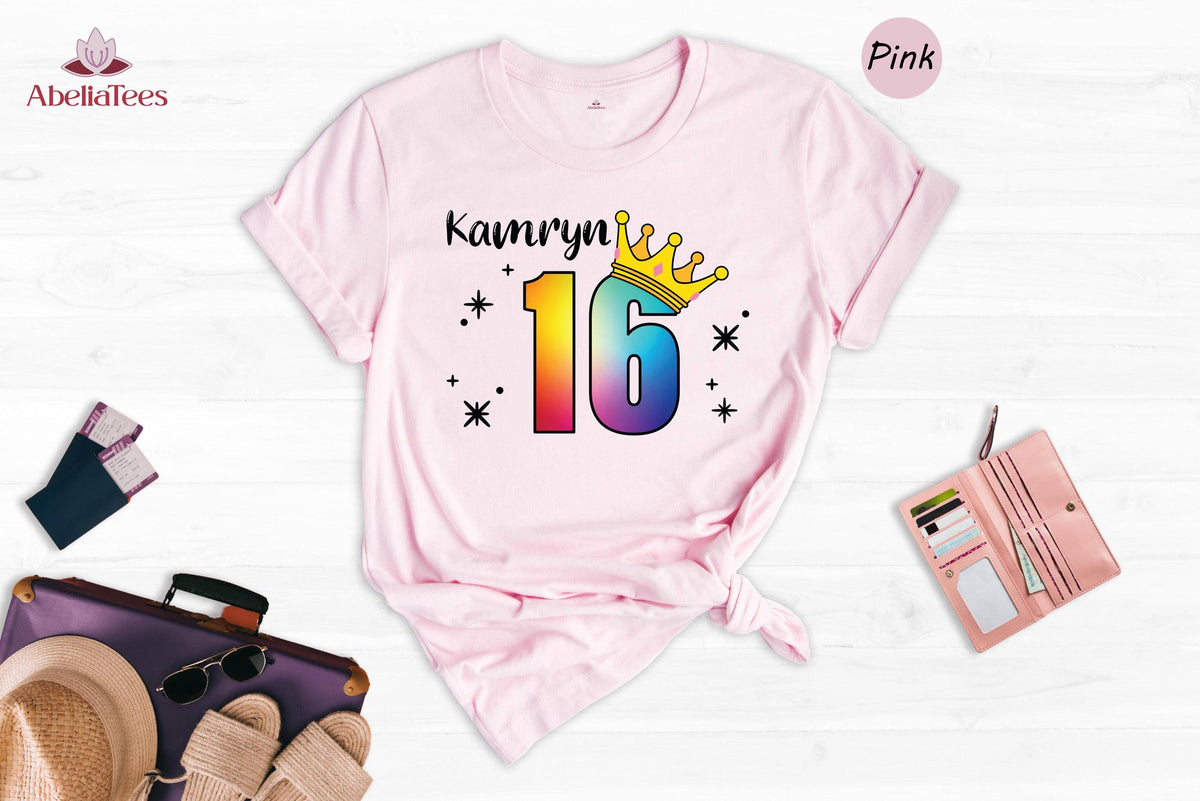 Custom Name Sweet 16 Shirt, Rainbow Crown 16th Birthday Tee, Personalized Girls Birthday Party Shirt, Sparkle Sixteen Gift