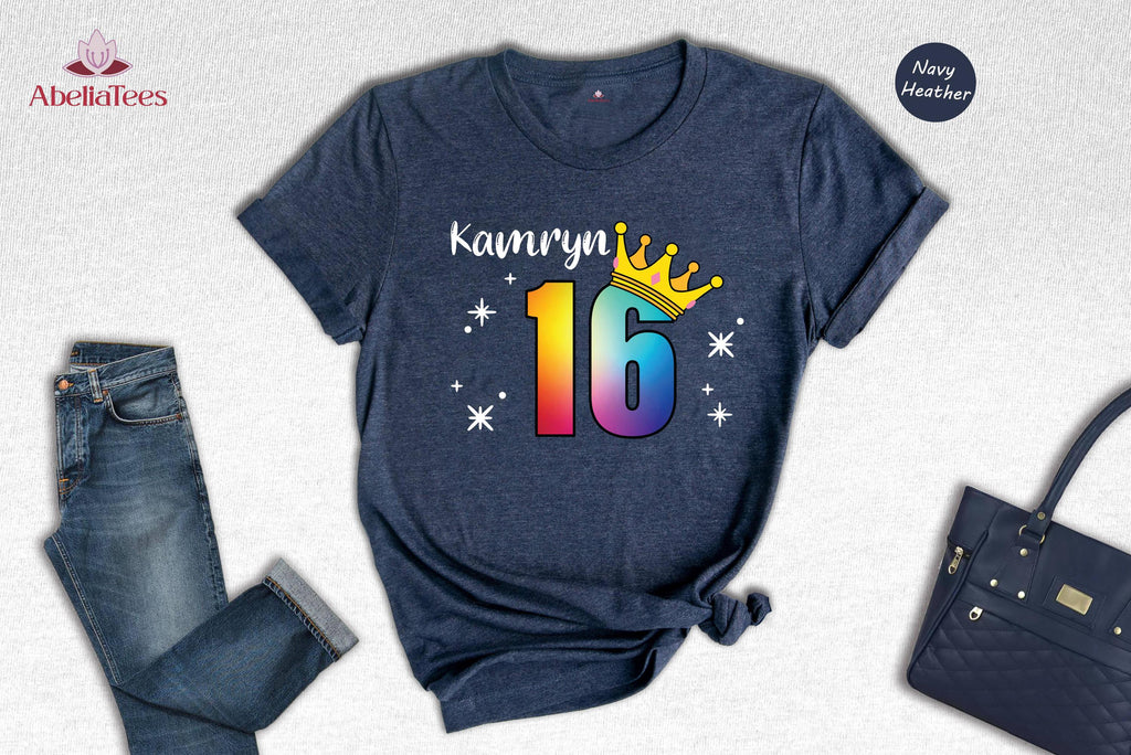 Custom Name Sweet 16 Shirt, Rainbow Crown 16th Birthday Tee, Personalized Girls Birthday Party Shirt, Sparkle Sixteen Gift