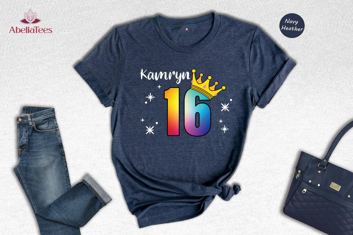Custom Name Sweet 16 Shirt, Rainbow Crown 16th Birthday Tee, Personalized Girls Birthday Party Shirt, Sparkle Sixteen Gift