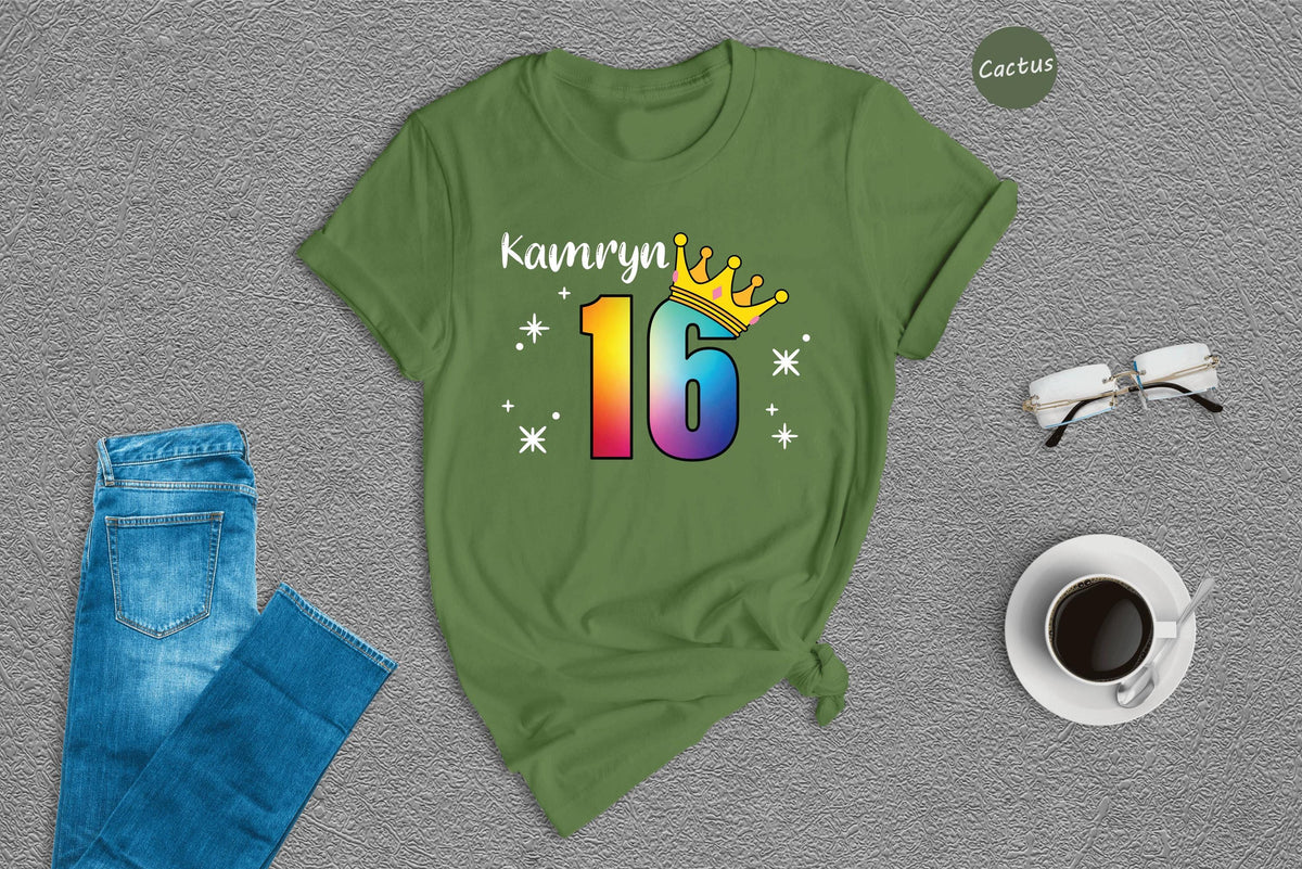 Custom Name Sweet 16 Shirt, Rainbow Crown 16th Birthday Tee, Personalized Girls Birthday Party Shirt, Sparkle Sixteen Gift