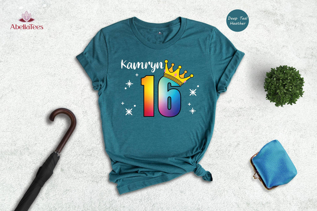 Custom Name Sweet 16 Shirt, Rainbow Crown 16th Birthday Tee, Personalized Girls Birthday Party Shirt, Sparkle Sixteen Gift