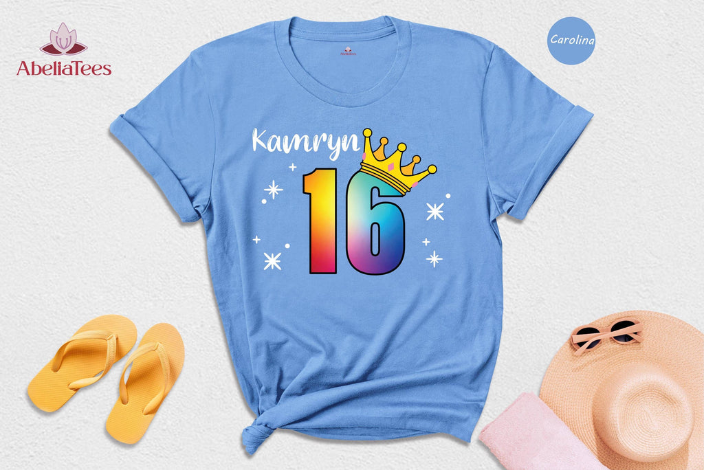 Custom Name Sweet 16 Shirt, Rainbow Crown 16th Birthday Tee, Personalized Girls Birthday Party Shirt, Sparkle Sixteen Gift