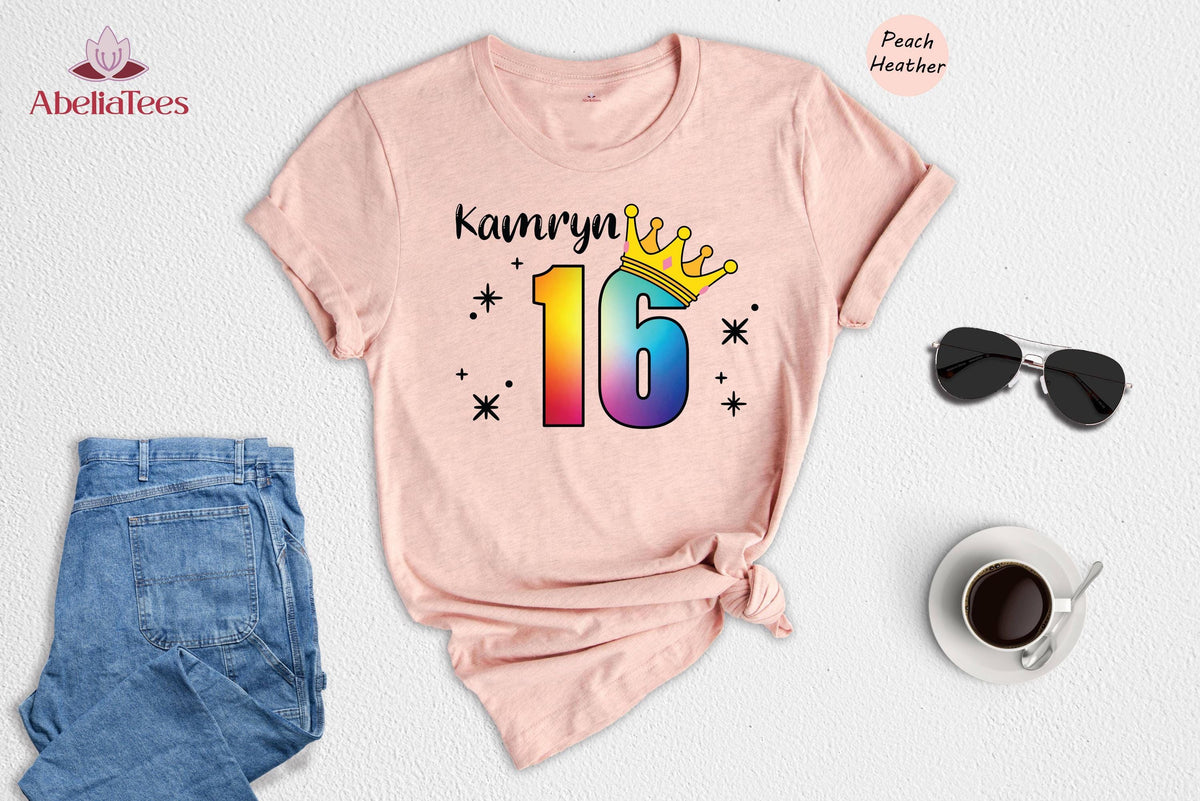 Custom Name Sweet 16 Shirt, Rainbow Crown 16th Birthday Tee, Personalized Girls Birthday Party Shirt, Sparkle Sixteen Gift