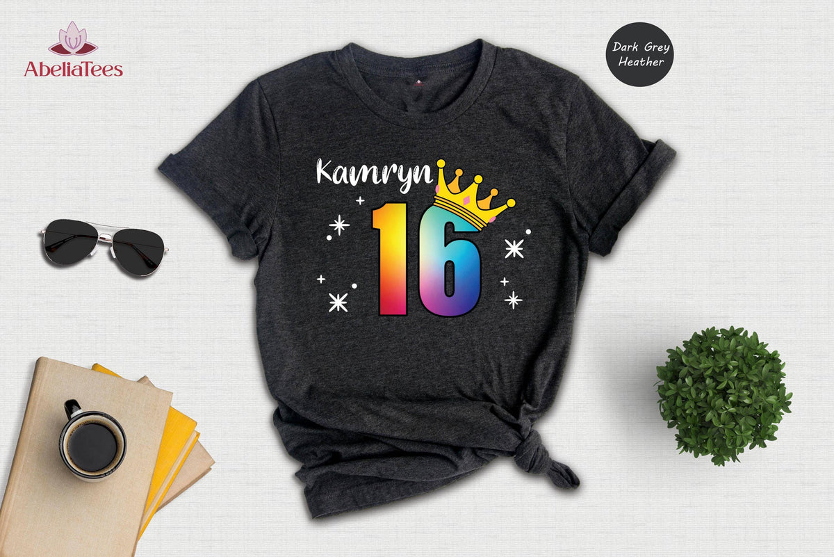 Custom Name Sweet 16 Shirt, Rainbow Crown 16th Birthday Tee, Personalized Girls Birthday Party Shirt, Sparkle Sixteen Gift