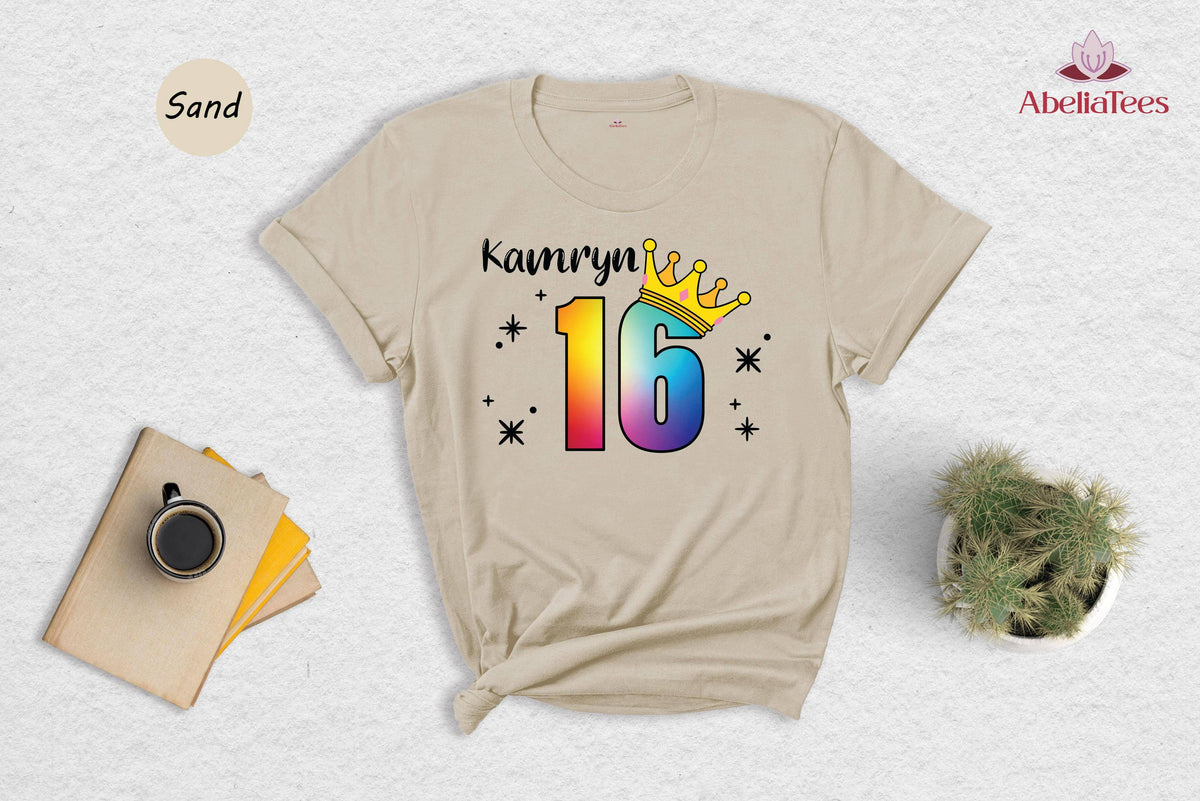 Custom Name Sweet 16 Shirt, Rainbow Crown 16th Birthday Tee, Personalized Girls Birthday Party Shirt, Sparkle Sixteen Gift