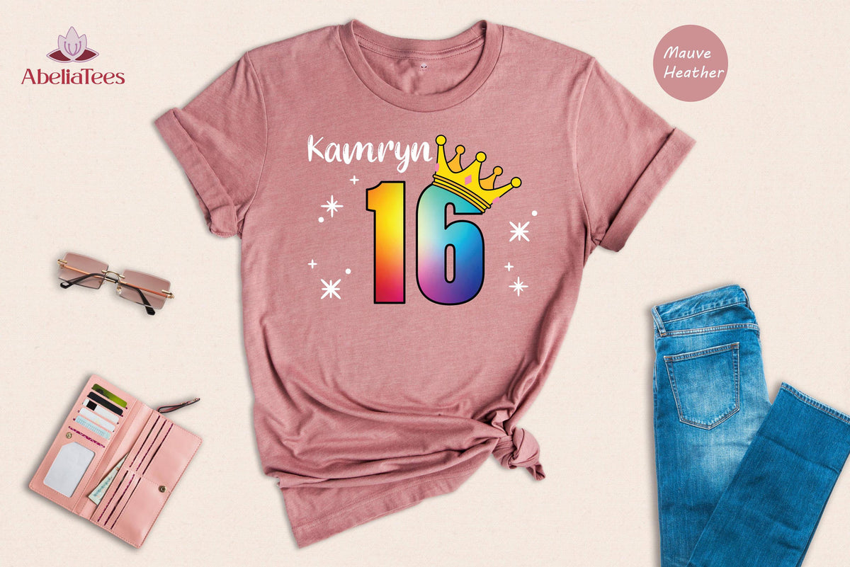 Custom Name Sweet 16 Shirt, Rainbow Crown 16th Birthday Tee, Personalized Girls Birthday Party Shirt, Sparkle Sixteen Gift