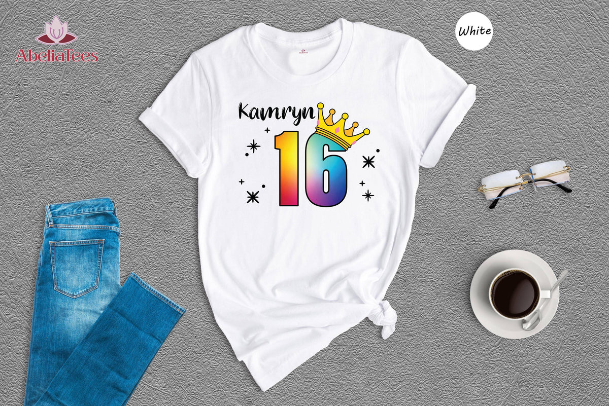 Custom Name Sweet 16 Shirt, Rainbow Crown 16th Birthday Tee, Personalized Girls Birthday Party Shirt, Sparkle Sixteen Gift