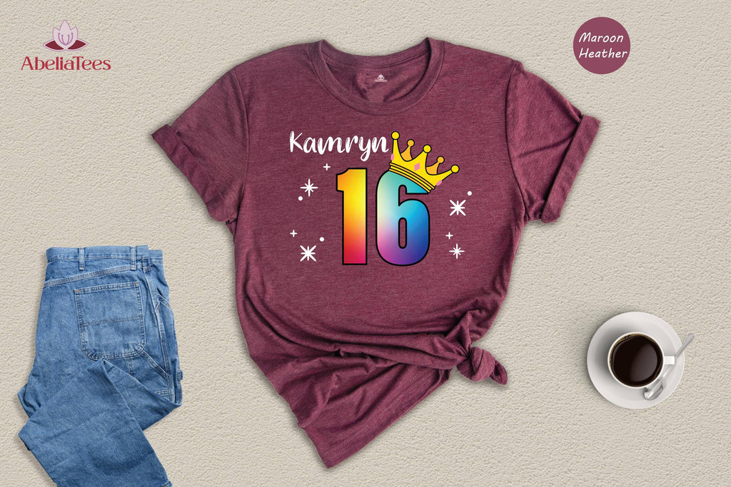 Custom Name Sweet 16 Shirt, Rainbow Crown 16th Birthday Tee, Personalized Girls Birthday Party Shirt, Sparkle Sixteen Gift