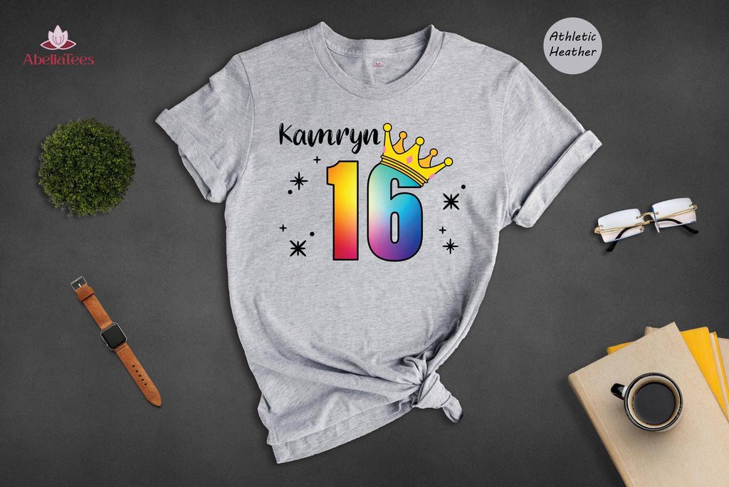 Custom Name Sweet 16 Shirt, Rainbow Crown 16th Birthday Tee, Personalized Girls Birthday Party Shirt, Sparkle Sixteen Gift