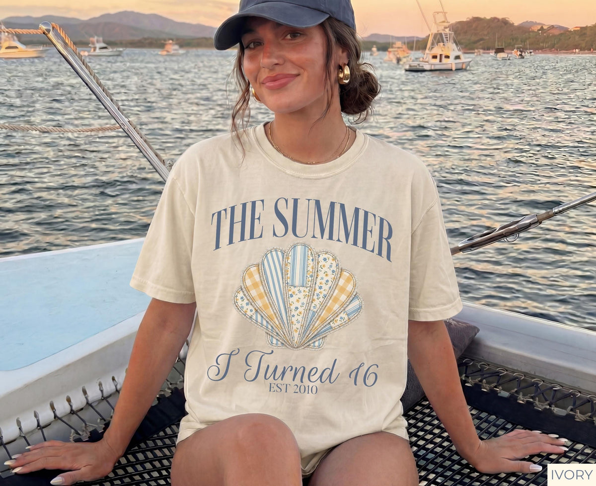 The Summer I Turned 16 Shirt, 16th Birthday Shirt, Faux Patchwork Beach Birthday Shirt, 16th Birthday Gift for Girl