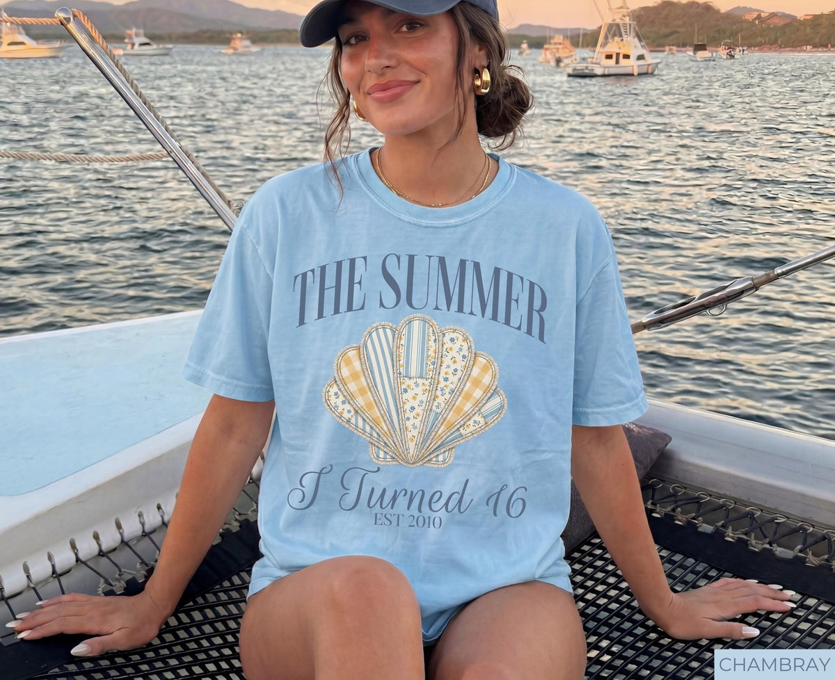 The Summer I Turned 16 Shirt, 16th Birthday Shirt, Faux Patchwork Beach Birthday Shirt, 16th Birthday Gift for Girl