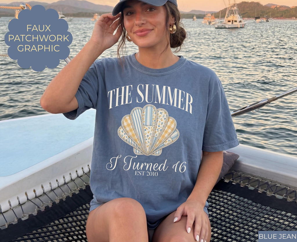 The Summer I Turned 16 Shirt, 16th Birthday Shirt, Faux Patchwork Beach Birthday Shirt, 16th Birthday Gift for Girl