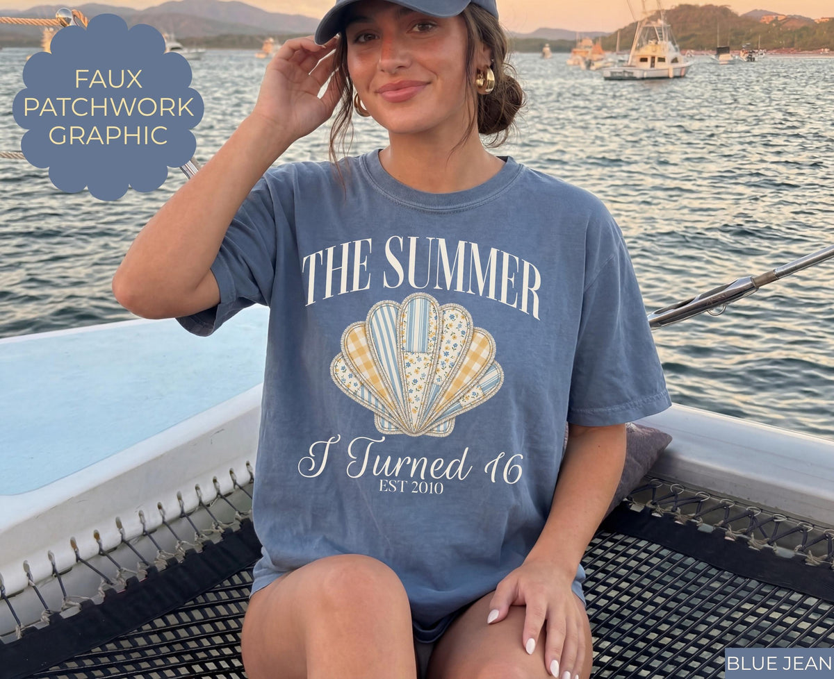 The Summer I Turned 16 Shirt, 16th Birthday Shirt, Faux Patchwork Beach Birthday Shirt, 16th Birthday Gift for Girl