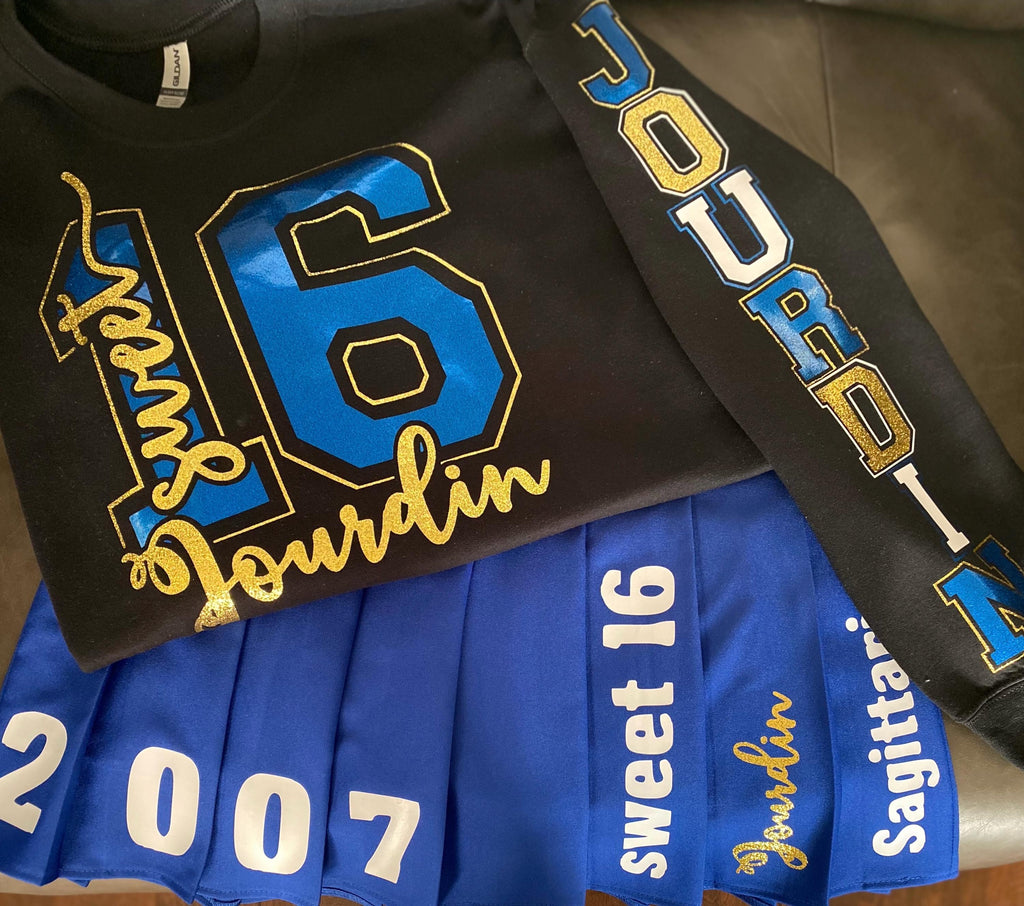 Personalized Glitter Birthday, Sweet 16 - Short Sleeve T-shirt, Long sleeve T-shirt, Sweatshirt or Hoodie - Skirt also available