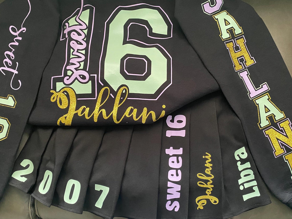 Personalized Glitter Birthday, Sweet 16 - Short Sleeve T-shirt, Long sleeve T-shirt, Sweatshirt or Hoodie - Skirt also available