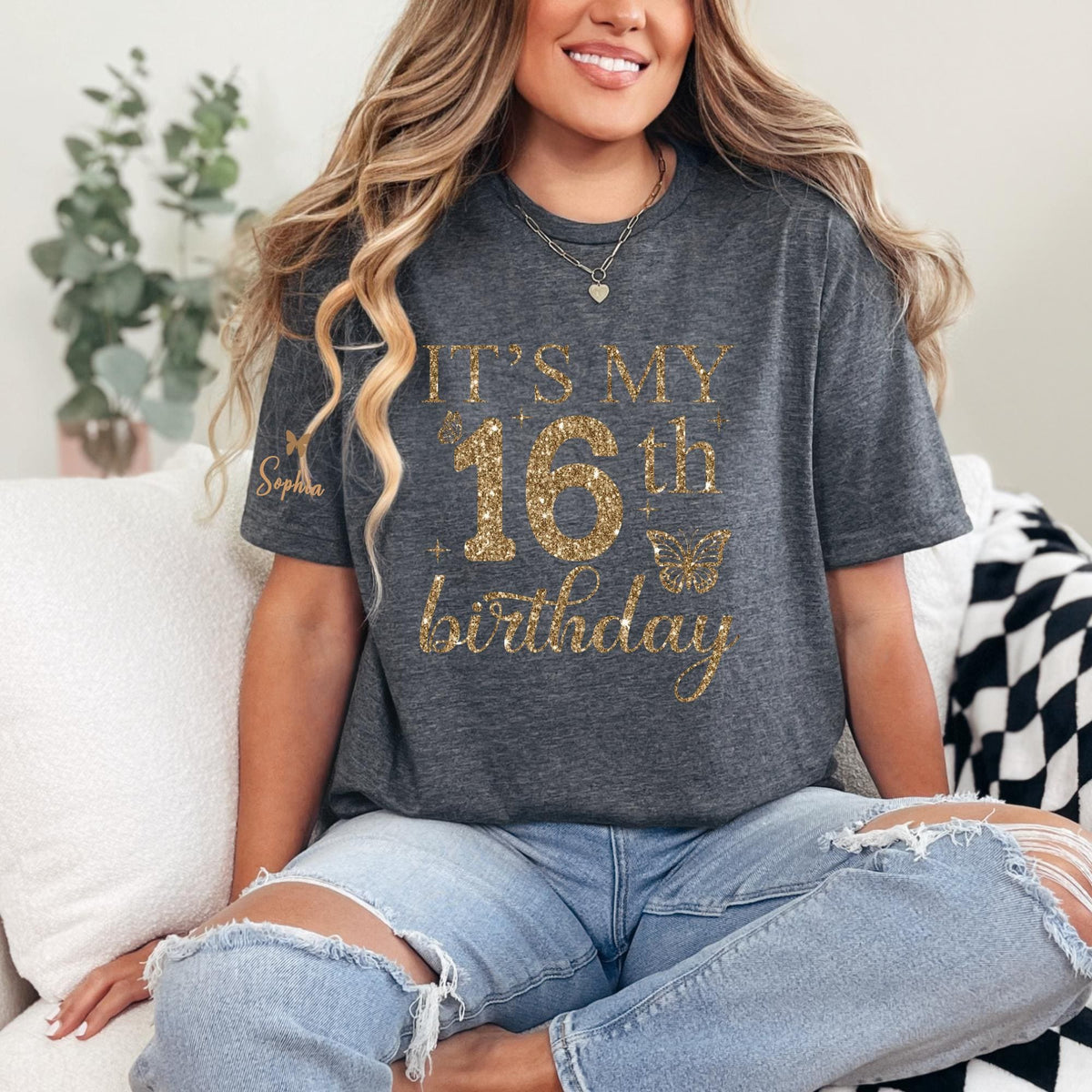It's My 16th Birthday Shirt, Sweet 16 Birthday Girl Shirt, Personalized 16th Birthday Tee, Custom Name Sleeve Shirt, Birthday Party Outfit