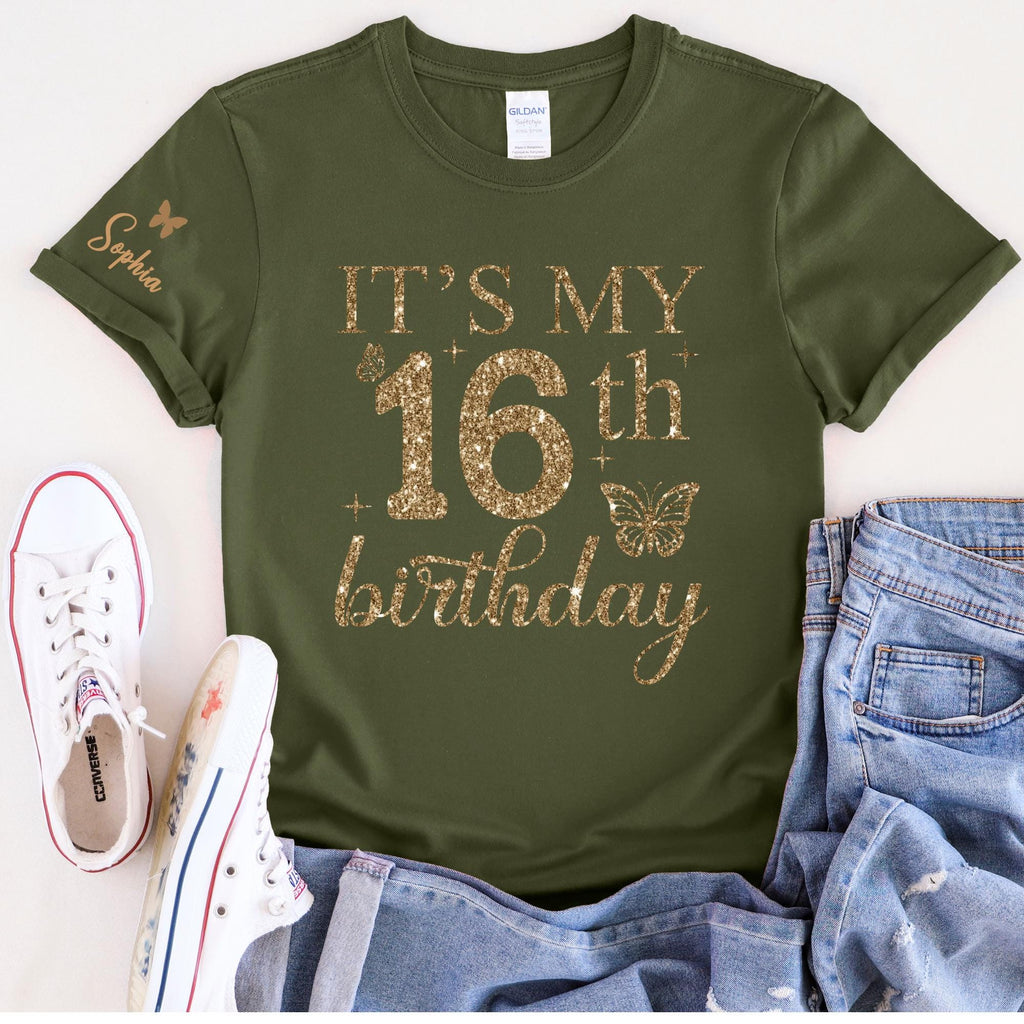It's My 16th Birthday Shirt, Sweet 16 Birthday Girl Shirt, Personalized 16th Birthday Tee, Custom Name Sleeve Shirt, Birthday Party Outfit