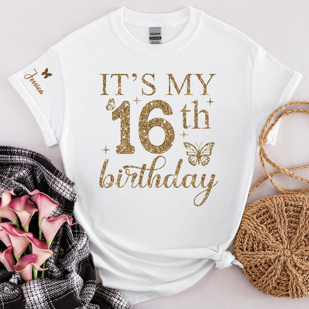 It's My 16th Birthday Shirt, Sweet 16 Birthday Girl Shirt, Personalized 16th Birthday Tee, Custom Name Sleeve Shirt, Birthday Party Outfit