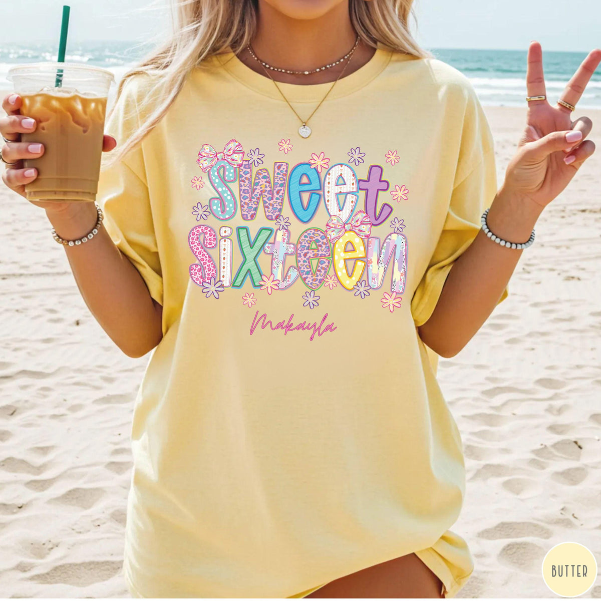 Sweet 16 Birthday Girl T Shirt, Preppy 16th Birthday Tee, Trendy Sixteen Outfit, Personalized Name Gift Shirt, Custom Birthday Party Tee