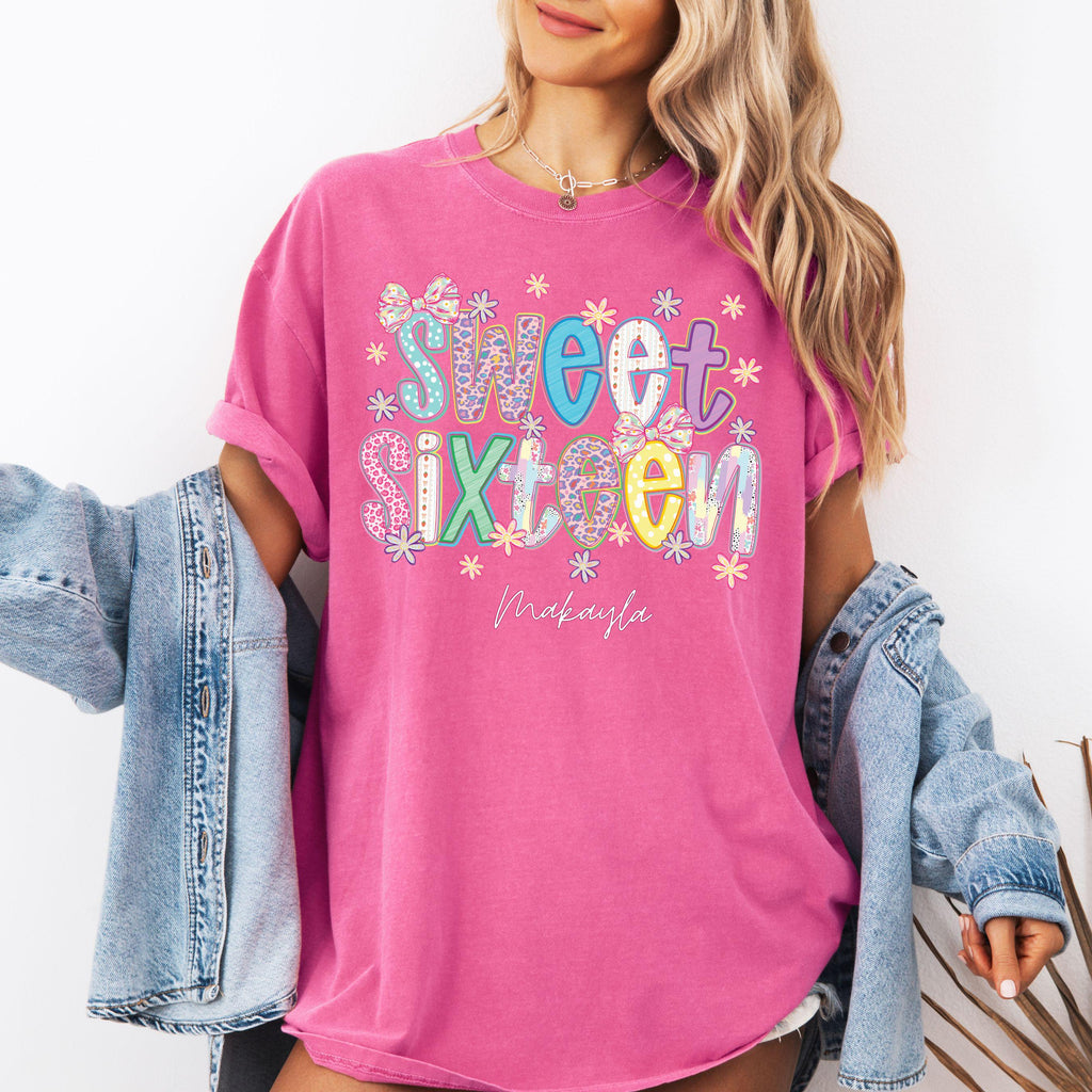 Sweet 16 Birthday Girl T Shirt, Preppy 16th Birthday Tee, Trendy Sixteen Outfit, Personalized Name Gift Shirt, Custom Birthday Party Tee