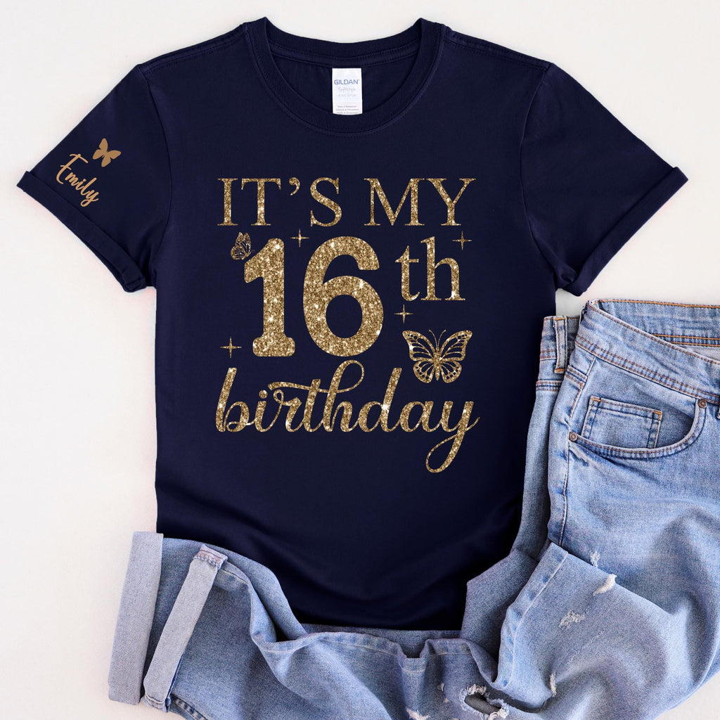 It's My 16th Birthday Shirt, Sweet 16 Birthday Girl Shirt, Personalized 16th Birthday Tee, Custom Name Sleeve Shirt, Birthday Party Outfit