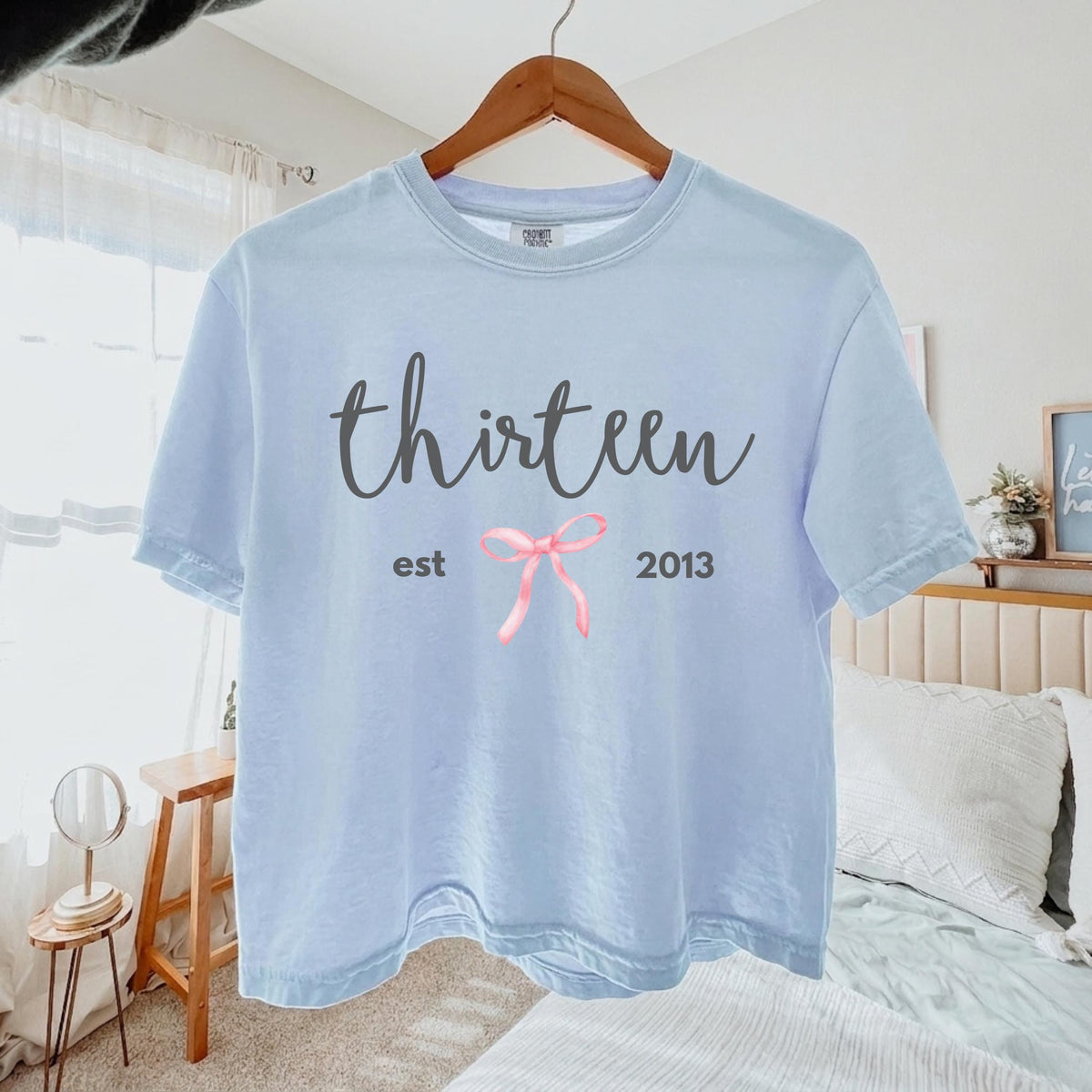 Personalized Thirteenth Birthday Comfort Colors Cropped Tee for Girls, Coquette Bow Boxy Tee, Custom 13th Teen T-Shirt,Birthday Gift for Her