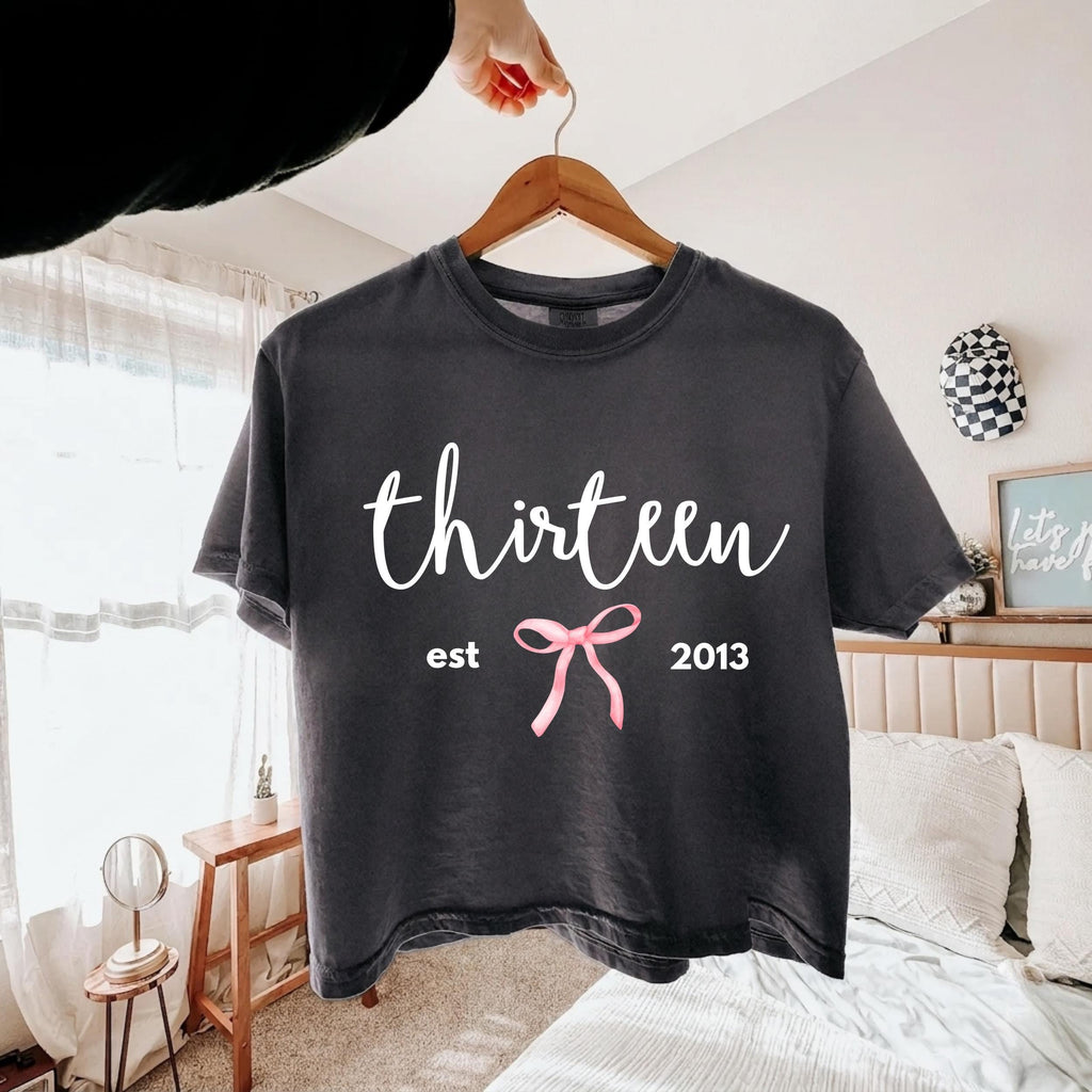 Personalized Thirteenth Birthday Comfort Colors Cropped Tee for Girls, Coquette Bow Boxy Tee, Custom 13th Teen T-Shirt,Birthday Gift for Her