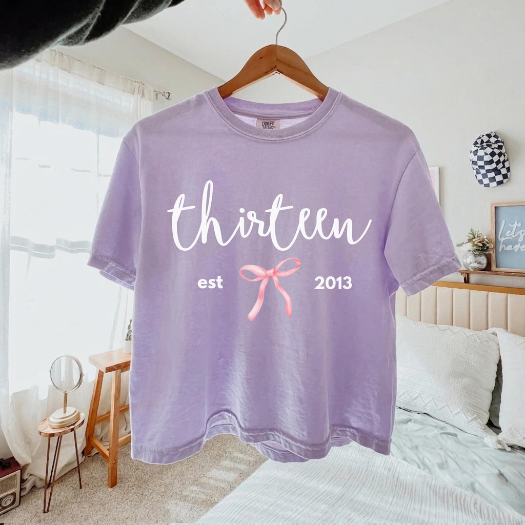 Personalized Thirteenth Birthday Comfort Colors Cropped Tee for Girls, Coquette Bow Boxy Tee, Custom 13th Teen T-Shirt,Birthday Gift for Her