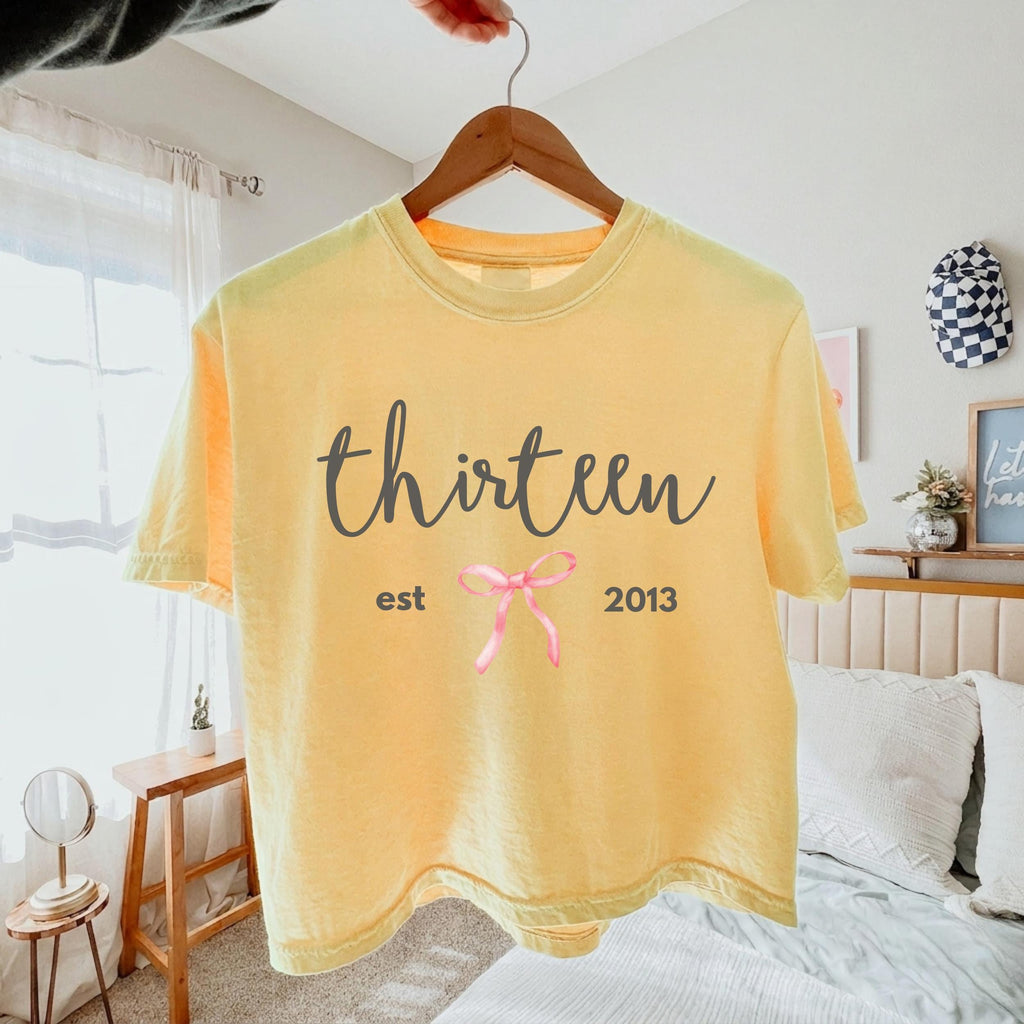 Personalized Thirteenth Birthday Comfort Colors Cropped Tee for Girls, Coquette Bow Boxy Tee, Custom 13th Teen T-Shirt,Birthday Gift for Her
