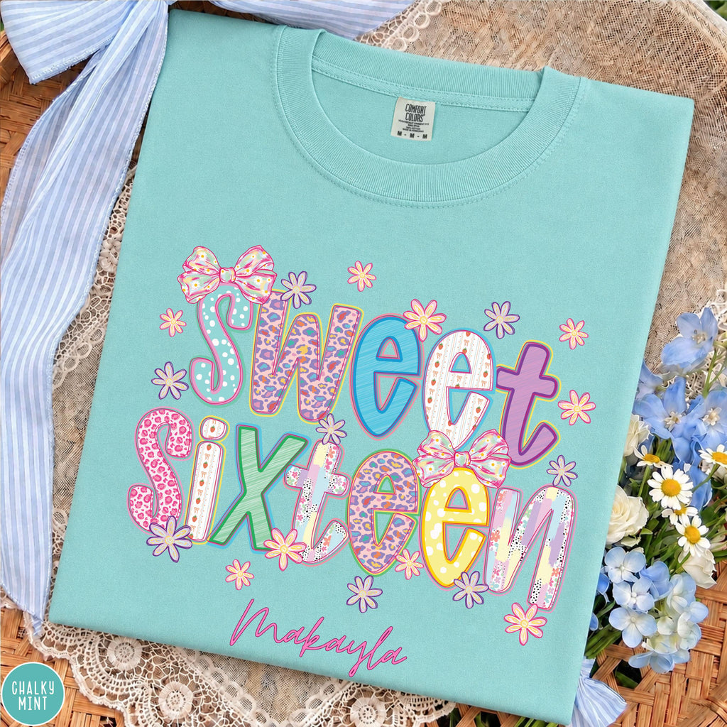 Sweet 16 Birthday Girl T Shirt, Preppy 16th Birthday Tee, Trendy Sixteen Outfit, Personalized Name Gift Shirt, Custom Birthday Party Tee